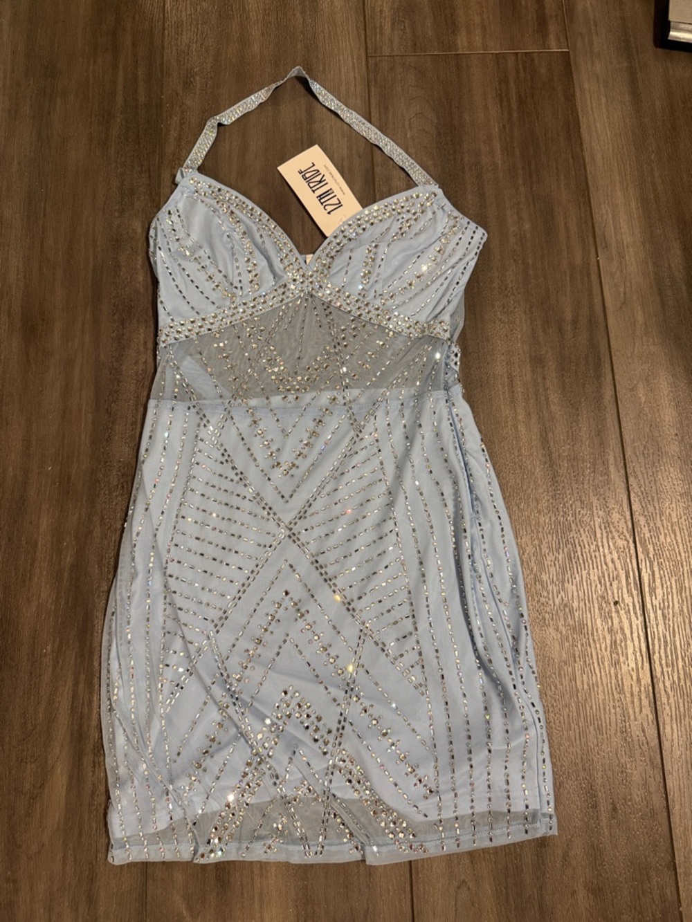 12th tribe Light Blue Beaded Halter Mini Dress